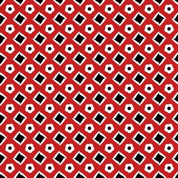 Bold red black white retro geometric floral seamless pattern, vintage mod 60s diamond flower textile for fashion, fabric and packaging design