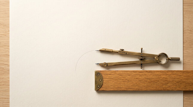 Brass drafting compass and oak ruler on blank paper