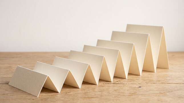 Folded paper accordion rising across an oak surface