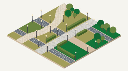 Obraz premium Isometric illustration of a park with walking paths, trees, and lighting