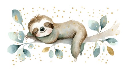 Obraz premium Cute baby sloth sleeping on tree branch in watercolor illustration. Sweet wildlife character with green leaves and golden sparkles. Adorable nursery art poster on white background.