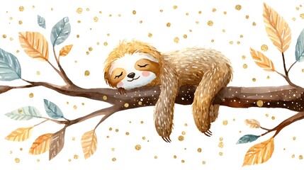 Obraz premium Cute baby sloth sleeping on tree branch in watercolor illustration. Sweet wildlife character with green leaves and golden sparkles. Adorable nursery art poster on white background.