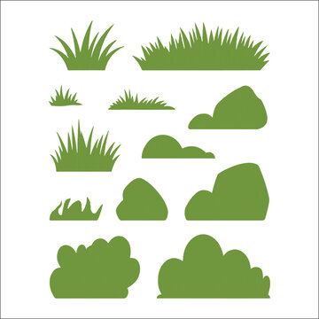 collection of green grass tufts, bushes and rock elements, flat vector nature set, cartoon landscape assets, stylized garden plants, meadow grass patches