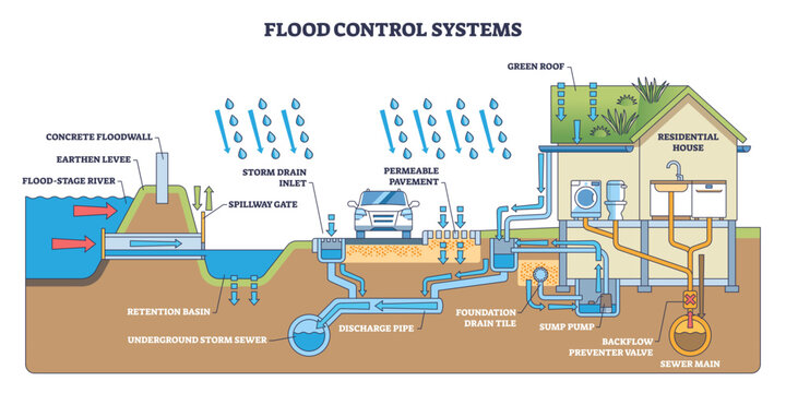 Flood control systems overview shows levee, retention basin, and house plumbing managing stormwater from roof to sewer, illustrating urban flood mitigation flow, transparent background.