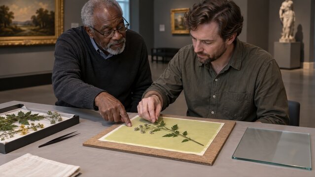 An instructor guides a beginner in placing a botanical stem within the edges of prepared cyanotype paper before adding the clear contact pane in a museum art room