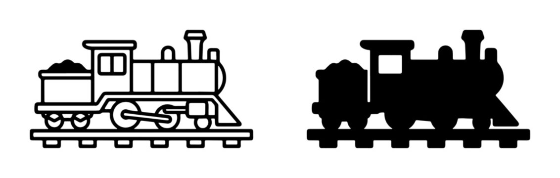 Steam Locomotive Icons, Vintage Train Vector Art, Black Silhouette and Outline, Transportation Graphics for Design