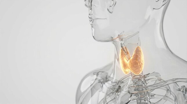 Human neck and chest anatomy highlighting glowing orange endocrine thyroid gland.