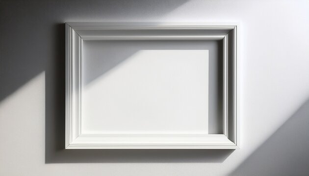 imagen minima de marco cuadrado blanco vacio simulada colgada sobre fondo de pared blanca con luz y sombra de ventana aislar imagen
