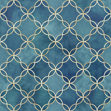 Teal blue and gold geometric trellis seamless pattern
