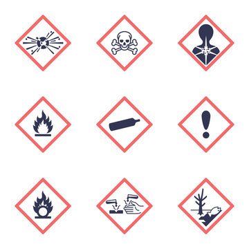 GHS hazard pictograms diagram presenting skull-and-crossbones, flame, and corrosion symbols in red diamond frames, a clear brief guide to chemical risks and safety labeling, transparent background.