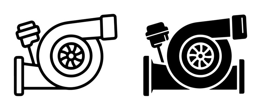 Turbocharger Icons, Automotive Engine Boost Component, Vehicle Performance Upgrade, Mechanical Engineering Symbol, Set of Two Vector Illustrations
