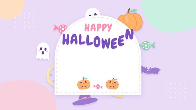 Cute pastel Happy Halloween greeting with friendly ghosts and candy