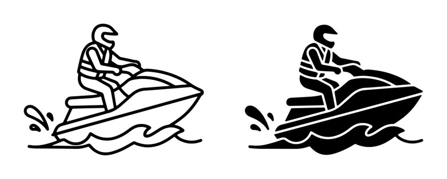 Jet Ski Rider Icons, Watercraft Vector Set, Personal Watercraft Silhouette, Summer Recreation and Sports Graphics