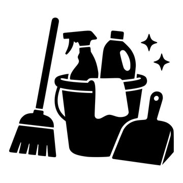Cleaning Bucket with Spray Bottle, Broom and Dustpan Black Silhouette