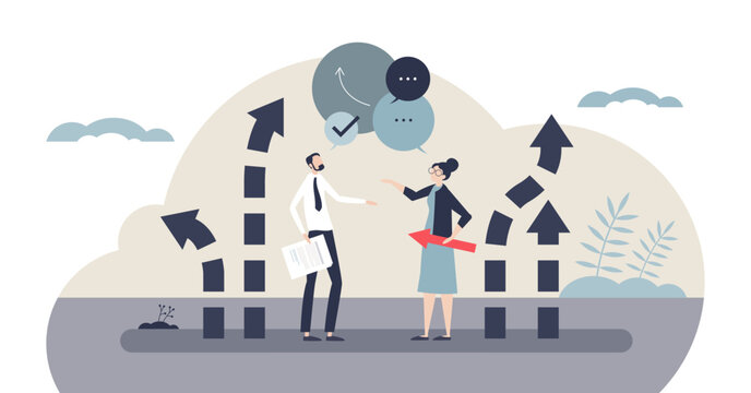 Crucial conversations guide, two colleagues debate choices as arrows and speech bubbles show decision paths and mutual purpose, key objects, people, arrows, speech bubbles, transparent background.