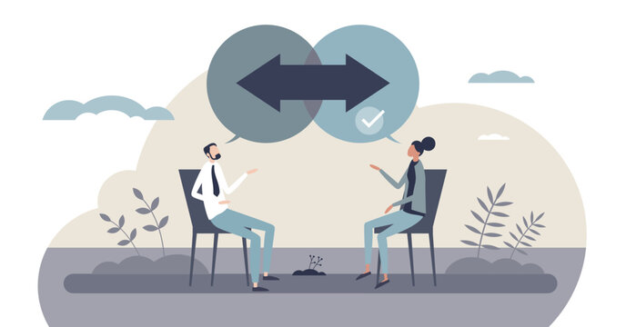 Assertive communication illustrated as a respectful two-way talk, two people, overlapping speech bubbles, and a double arrow signal clear boundaries and mutual understanding, transparent background.