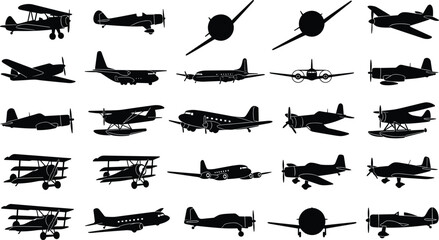 Vintage airplanes and classic warplanes vector silhouette icons set featuring biplanes seaplanes propeller aircraft and military fighters © RUKSANA