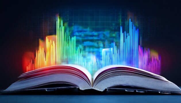 an open book with glowing colorful bar graphs rising from its pages symbolizing data visualization and knowledge in a digital and modern context gadgets on abstract background