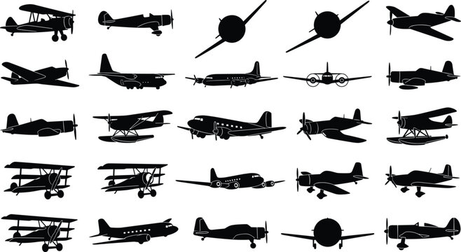 Vintage airplanes and classic warplanes vector silhouette icons set featuring biplanes seaplanes propeller aircraft and military fighters