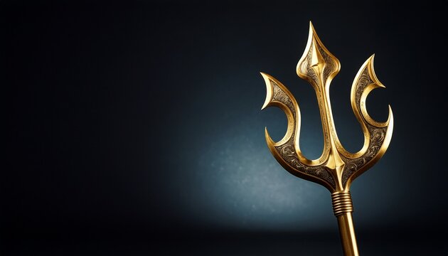 golden trident weapon of poseidon on dark background with copy space