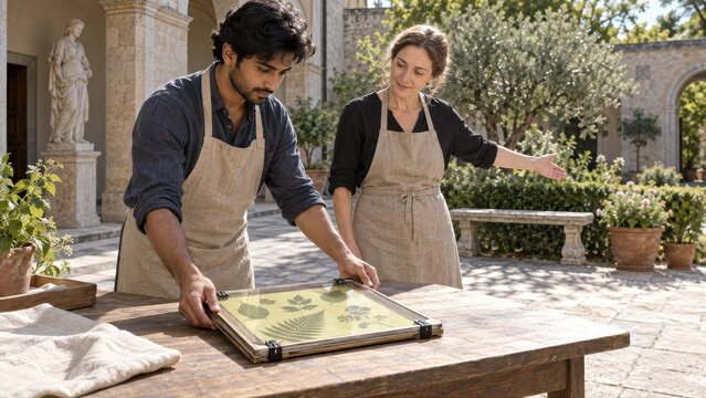 A beginner places a clamped botanical cyanotype frame on a sunlit courtyard table while an instructor indicates the open area for outdoor exposure