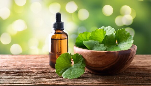 gotu kola leaves extract centela asiatica natural skincare ingredient on wooden bowl