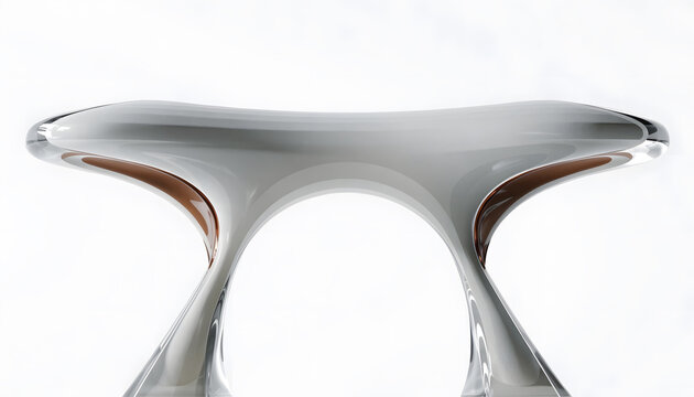 Sleek chrome archway structure with copper interior lining. Minimalist futuristic automotive styling and industrial design. Polished metallic form curving over bright white background.