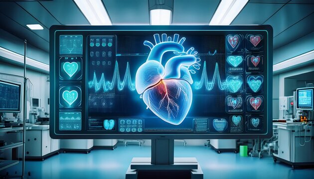 futuristic medical monitor displaying a 3d holographic digital heart scan in an operating room