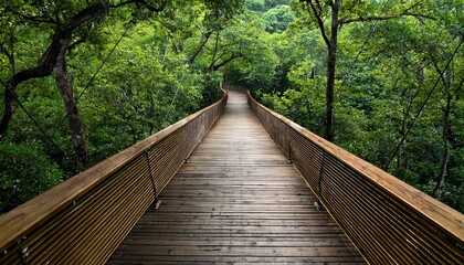 Fototapeta premium wooden walkway bridge leading into lush green forest canopy overhead view