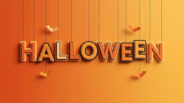 Halloween text lettering hanging on vertical wires with small flying bats around.