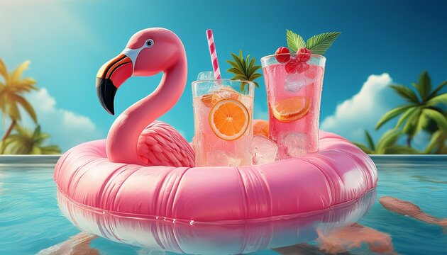 pink flamingo float popsicle and summer drinks floating with ice and fruity delight