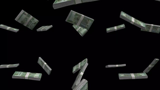 Guyana Money, Guyanese Dollar Banknotes Falling On Black Background, GYD Currency Stacks Dark Cinematic, 4K