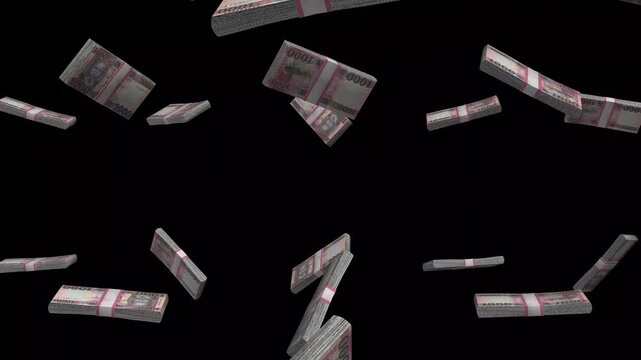 South Sudan Money, South Sudanese Pound Banknotes Falling On Black Background, SSP Currency Stacks Dark Cinematic, 4K