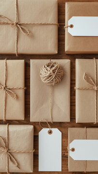 Eco Friendly Kraft Paper Gift Packages with Natural Twine and Blank Tags