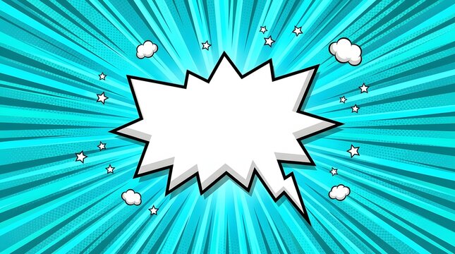 Bright comic style  speech bubble explosion effect with stars and clouds on teal background