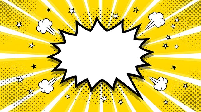Explosion effect with comic style  speech bubble stars and sound waves on bright yellow background