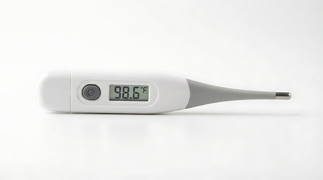 Digital thermometer with temperature reading on white background for medical use