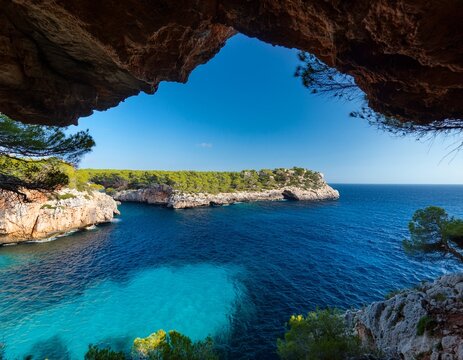 view through a rock cave of the pine covered coastline of calo des moro mallorca spain