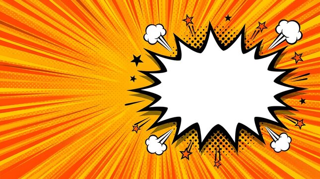 Bright comic style speech bubble  explosion with stars and lightning effects on yellow background