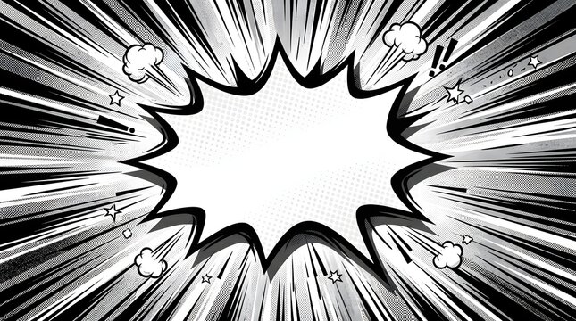 Comic explosion effect with speech bubbles and impact lines in black and white