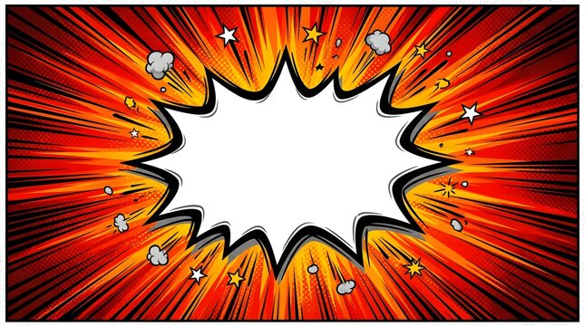 Bright comic speech bubble  explosion with fiery rays and stars in dynamic style