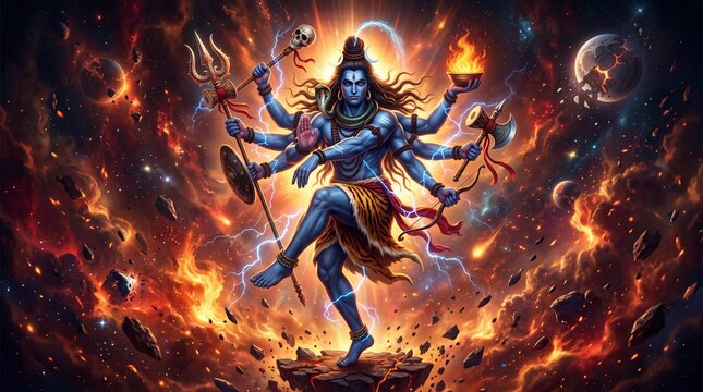 Lord Shiva cosmic fierce dance Nataraja form with multi arms weapons and fiery galaxy nebula background Banner