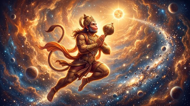 Lord Hanuman flying towards the sun holding a gada mace in a cosmic galaxy nebula space background Banner