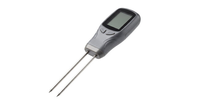Compact soil moisture meter with two metal probes for checking moisture levels in household and garden plants. Isolated on White background.