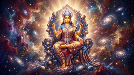 Fototapeta premium Goddess Durga sitting on a cosmic throne surrounded by planets and galaxies in a vibrant universe nebula background Banner
