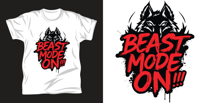 Beast mode on aggressive wolf mascot head with grunge red lettering for intense athletic apparel.