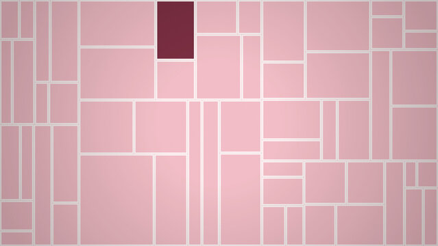 Abstract background, with a grid, of pink rectangular, shapes and white, dividing lines, featuring, one dark maroon, rectangle in the, upper section