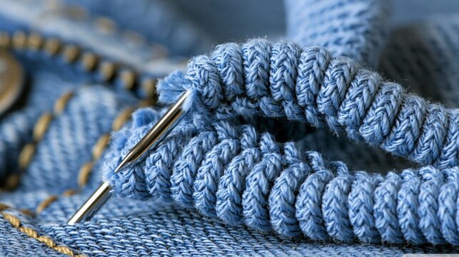 Close-up of a sewing needle threaded through blue denim fabric with intricate details.