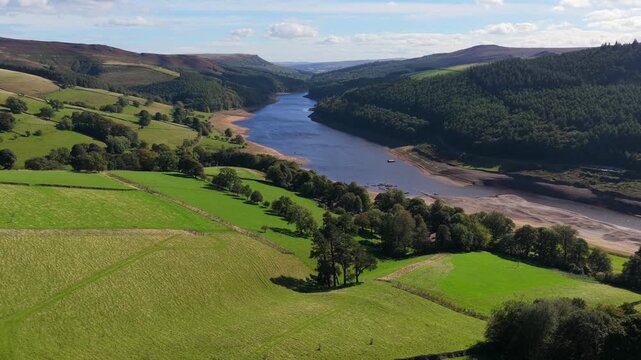 Aerial Video of Upper Derwent Valley Farmland and Reservoir in Peak District, UK. 
