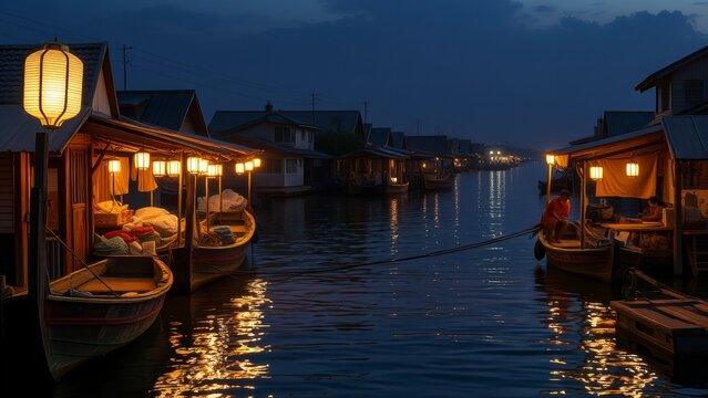 Traditional water village houses and boats at dusk illumination